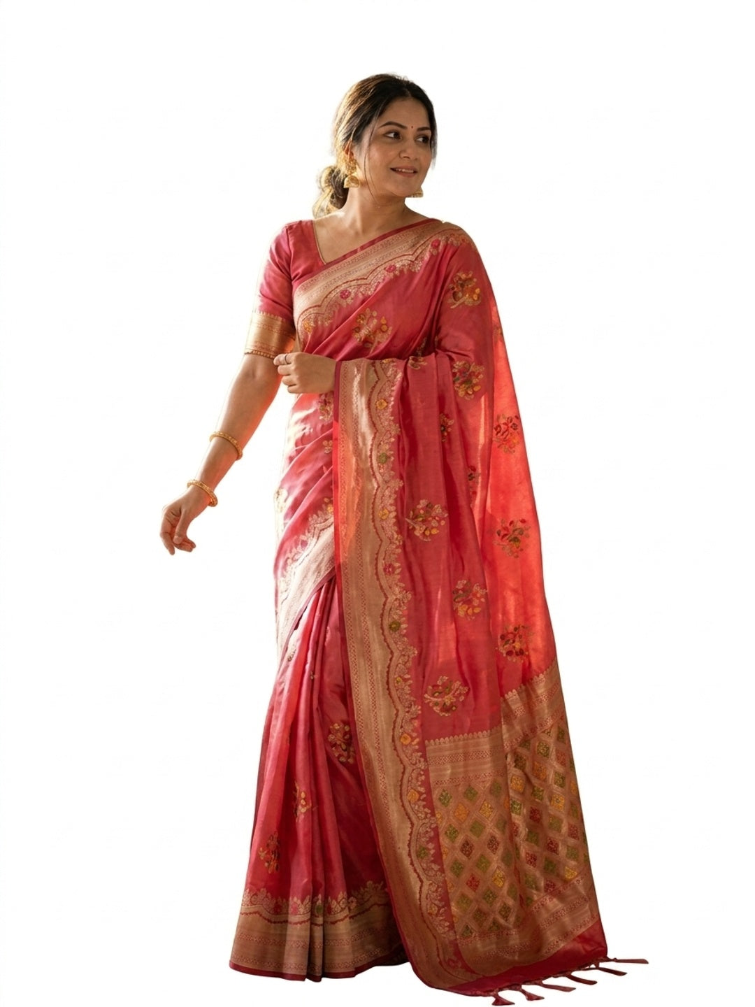 Peachmode Pink Khadi Crepe Georgette Woven Saree - Image 4