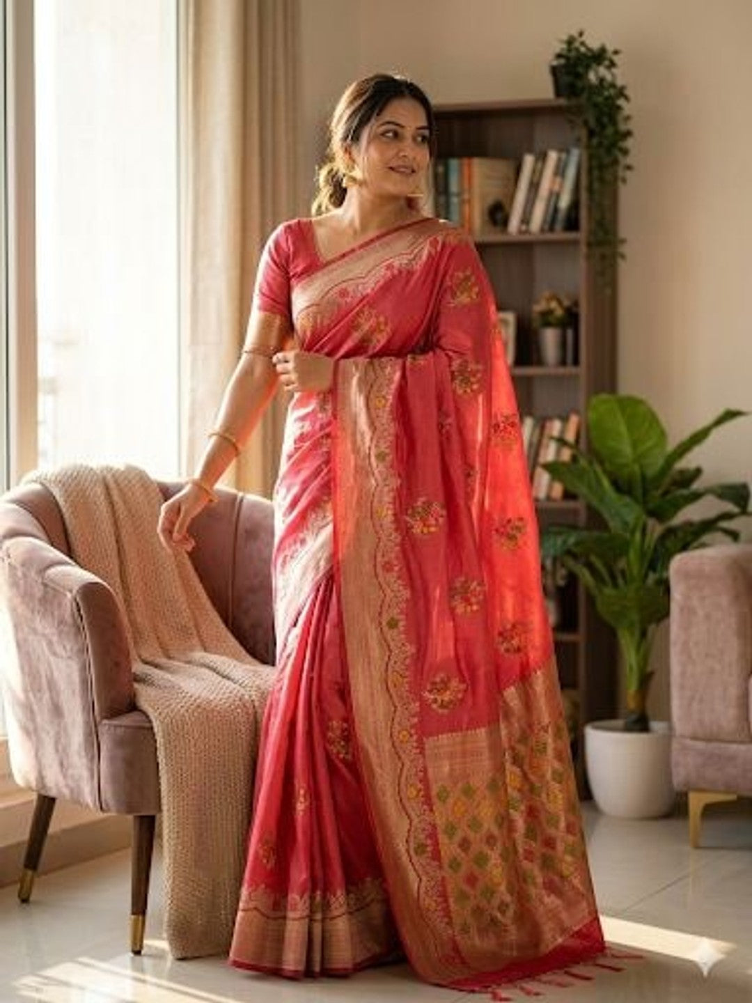 Peachmode Pink Khadi Crepe Georgette Woven Saree - Image 1