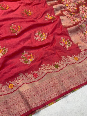 Peachmode Pink Khadi Crepe Georgette Woven Saree - Image 2