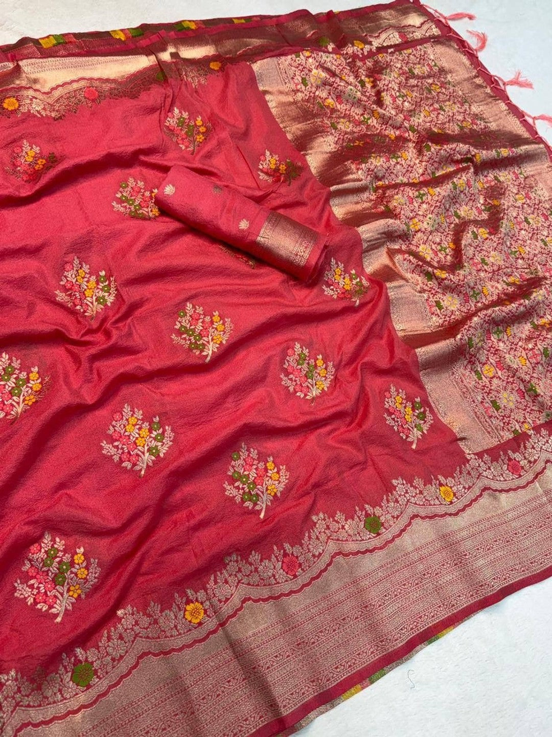 Peachmode Pink Khadi Crepe Georgette Woven Saree - Image 3