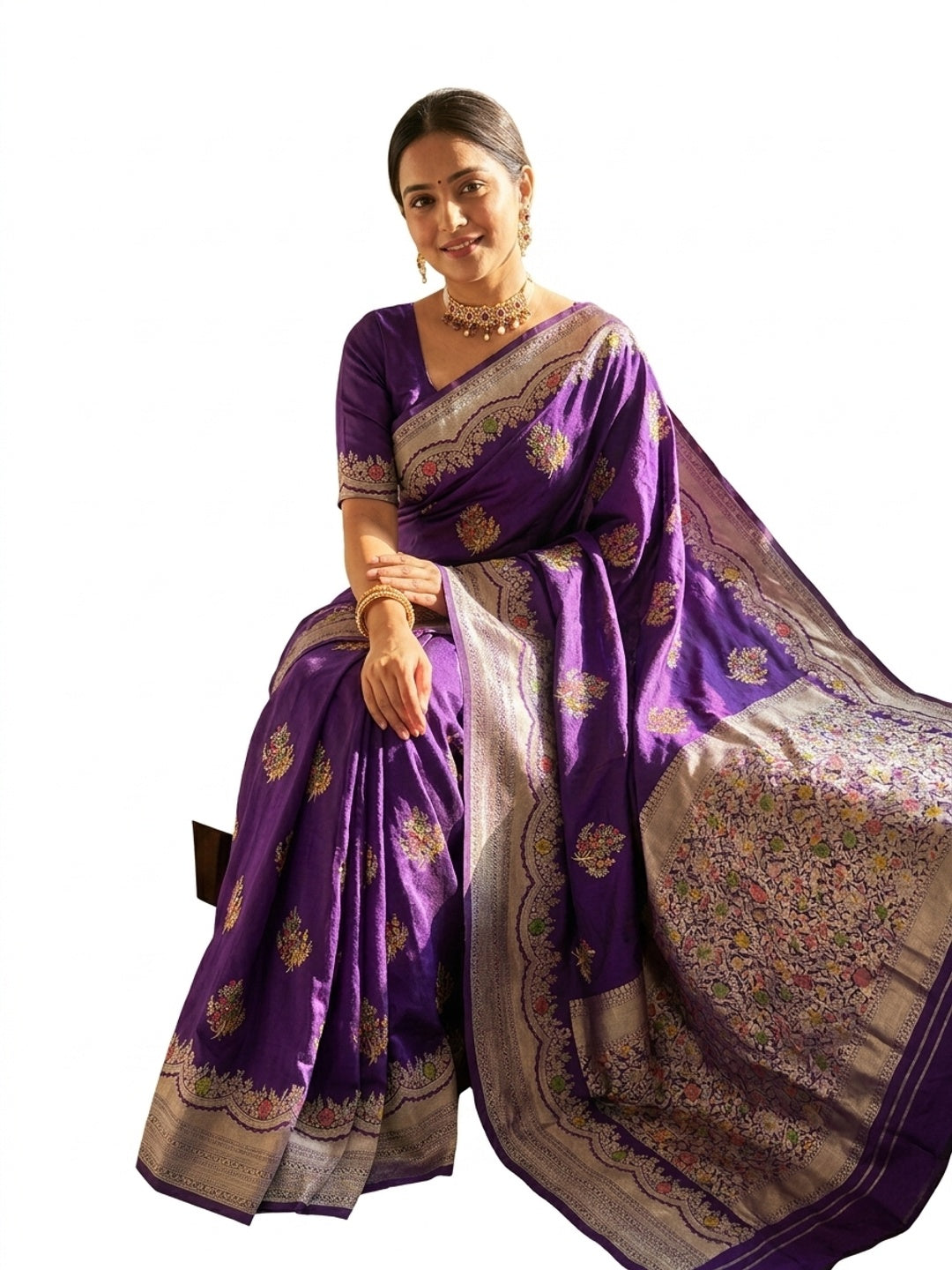Peachmode Purple Khadi Crepe Georgette Woven Saree - Image 6