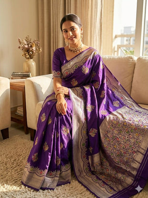 Peachmode Purple Khadi Crepe Georgette Woven Saree - Image 1