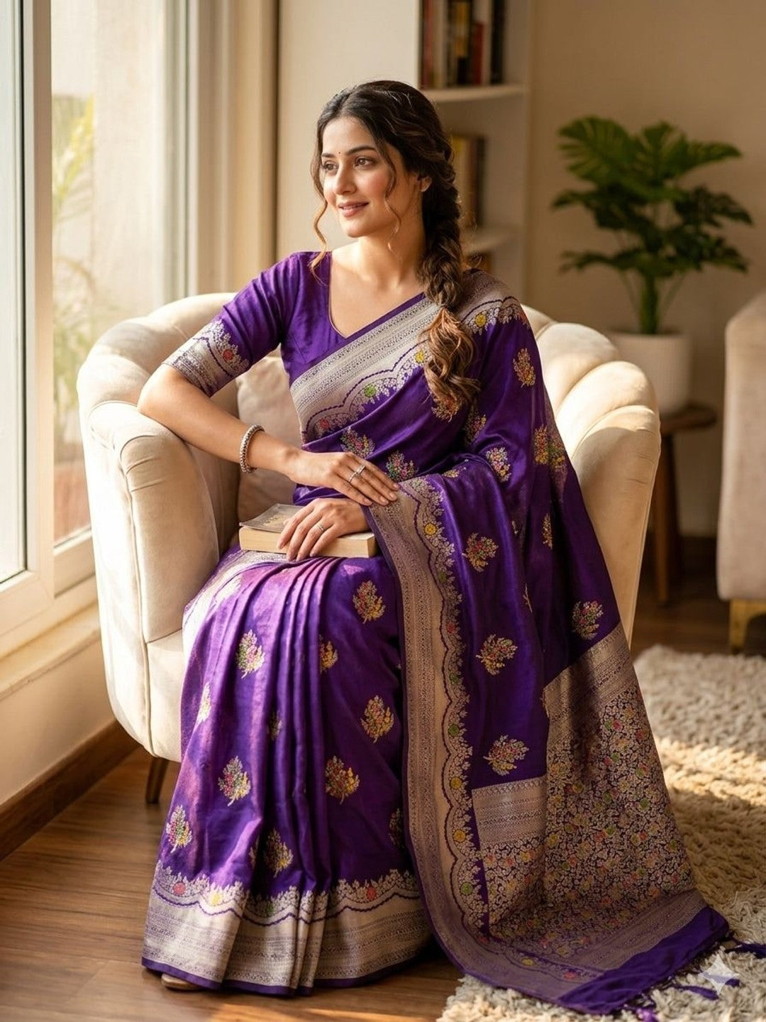 Peachmode Purple Khadi Crepe Georgette Woven Saree - Image 3