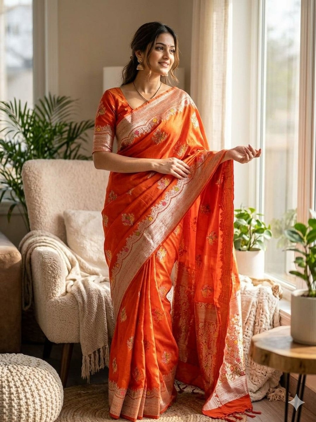 Peachmode Orange Khadi Crepe Georgette Woven Saree - Image 1