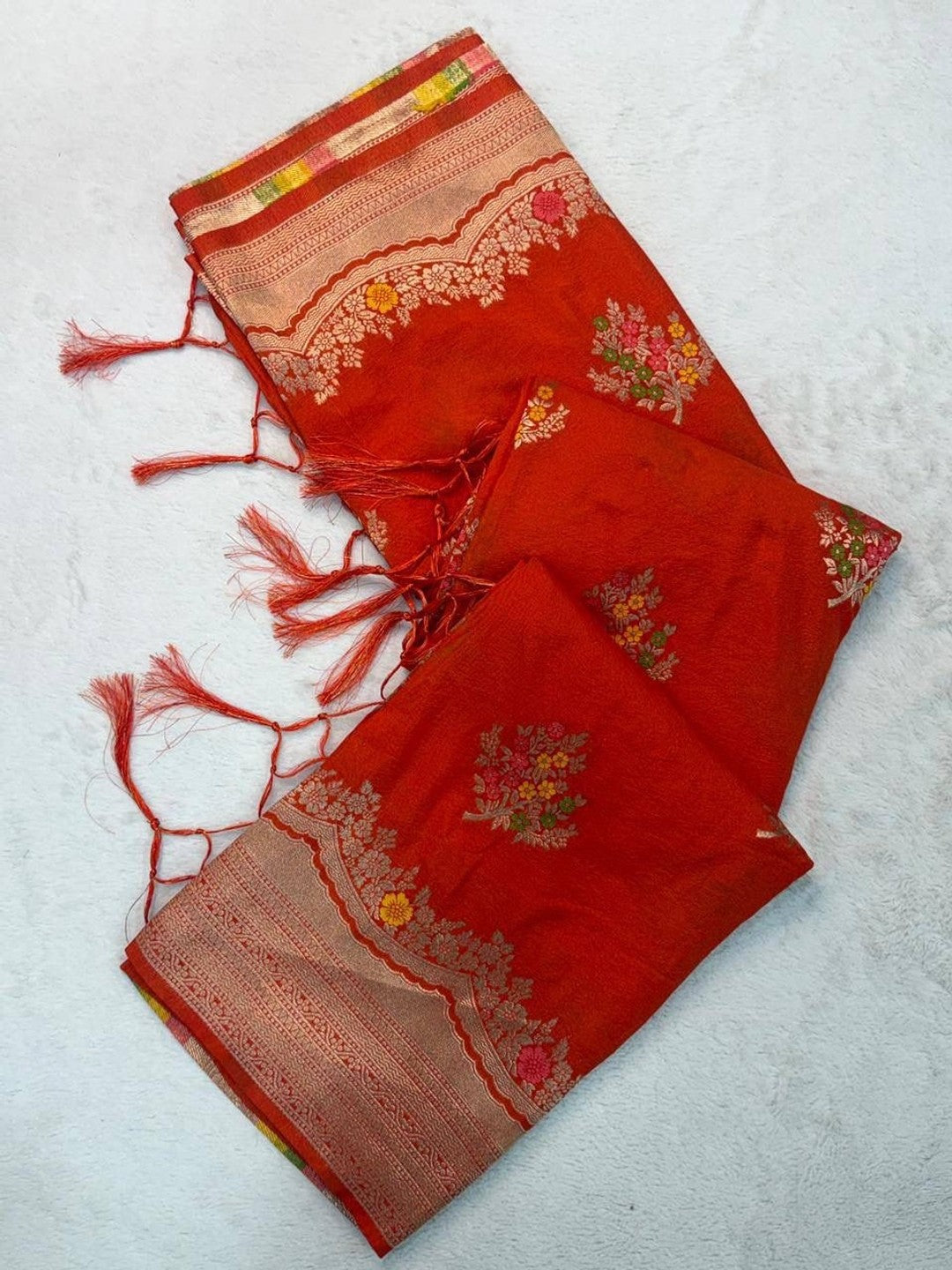 Peachmode Orange Khadi Crepe Georgette Woven Saree - Image 2