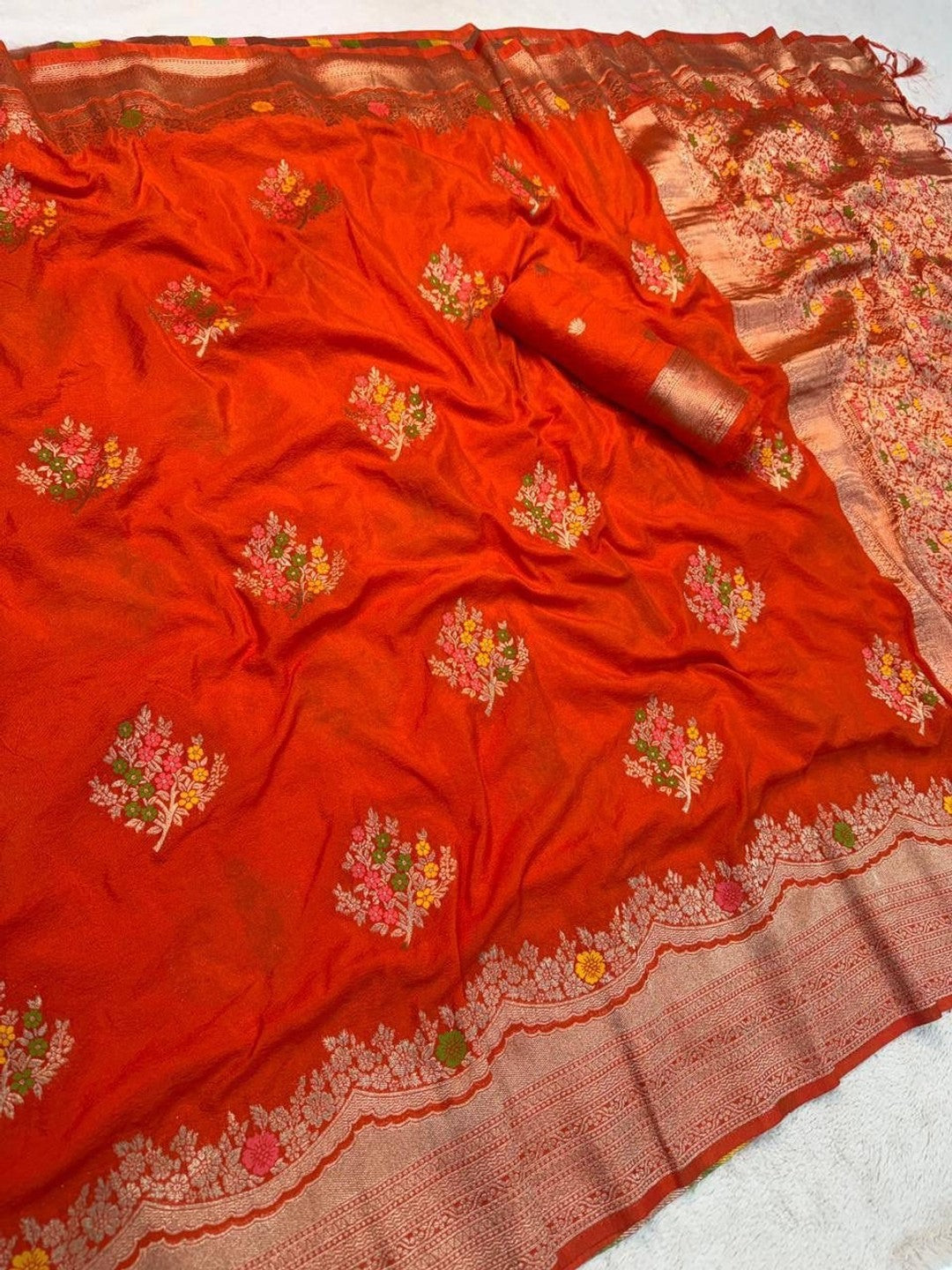 Peachmode Orange Khadi Crepe Georgette Woven Saree - Image 4
