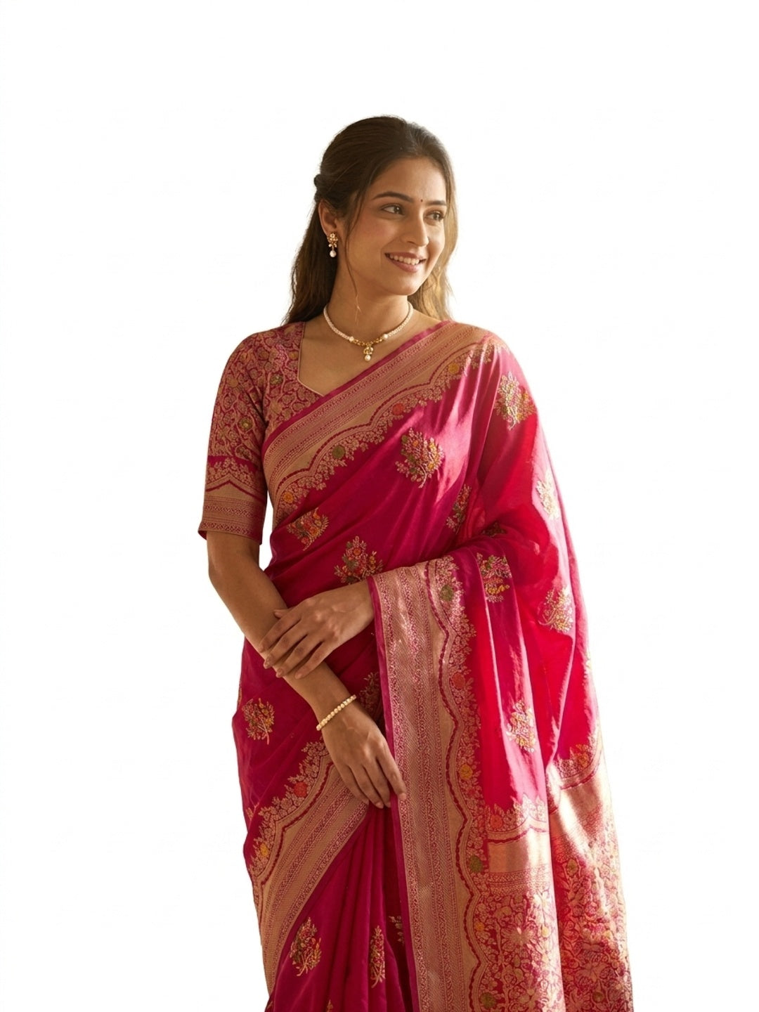 Peachmode Magenta Khadi Crepe Georgette Woven Saree - Image 7