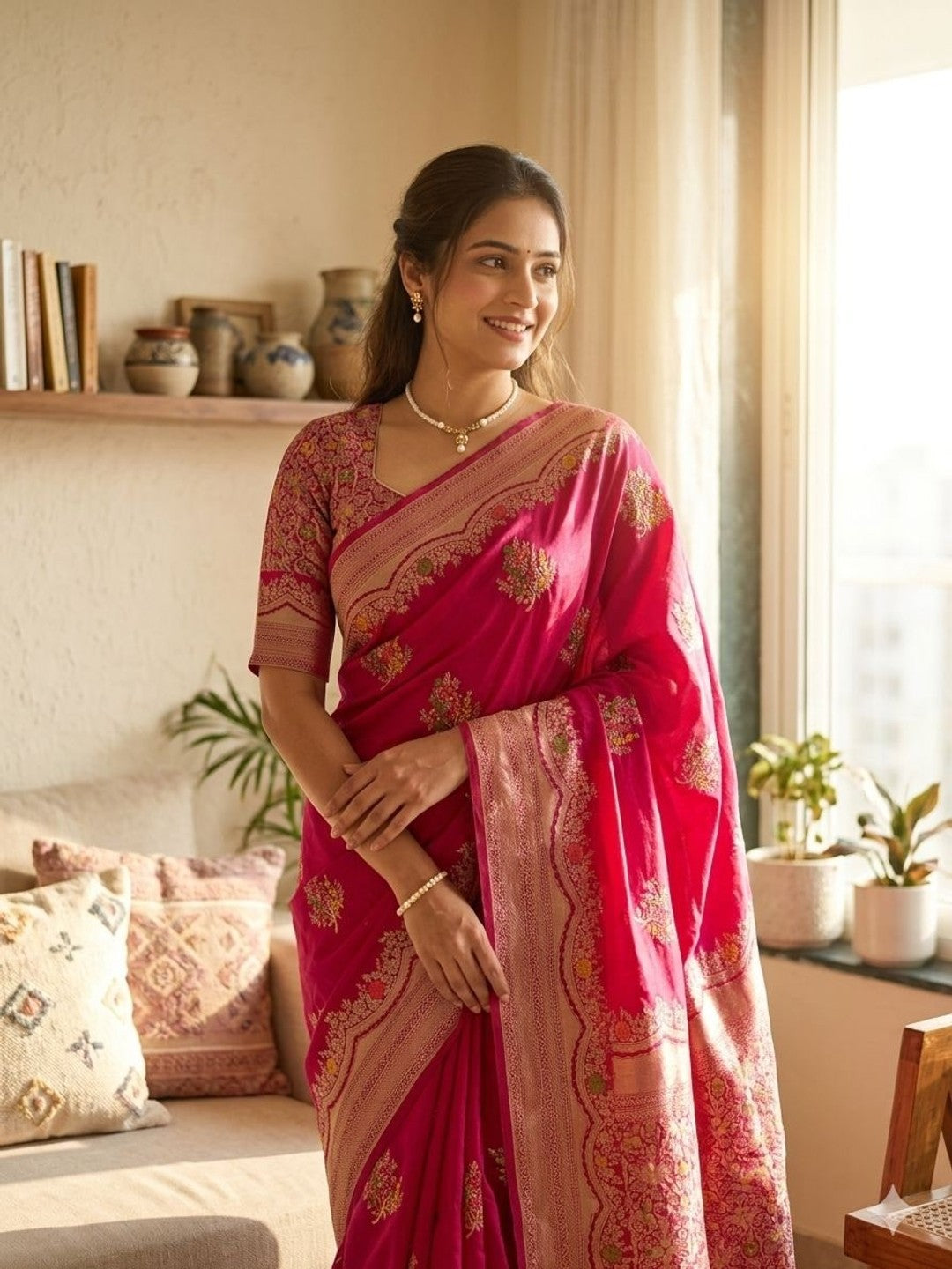 Peachmode Magenta Khadi Crepe Georgette Woven Saree - Image 1