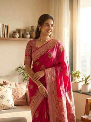 Peachmode Magenta Khadi Crepe Georgette Woven Saree - Image 1