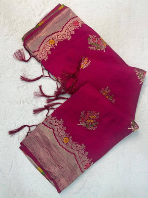 Peachmode Magenta Khadi Crepe Georgette Woven Saree - Image 2