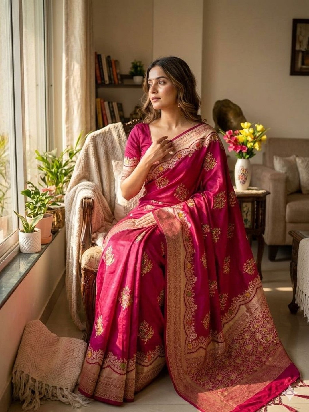Peachmode Magenta Khadi Crepe Georgette Woven Saree - Image 3