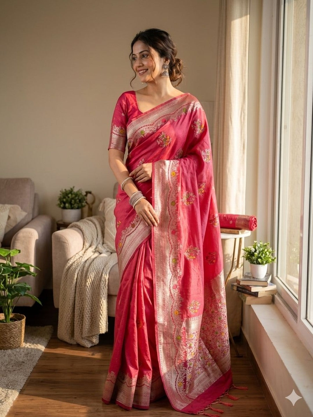 Peachmode Magenta Khadi Crepe Georgette Woven Saree - Image 4