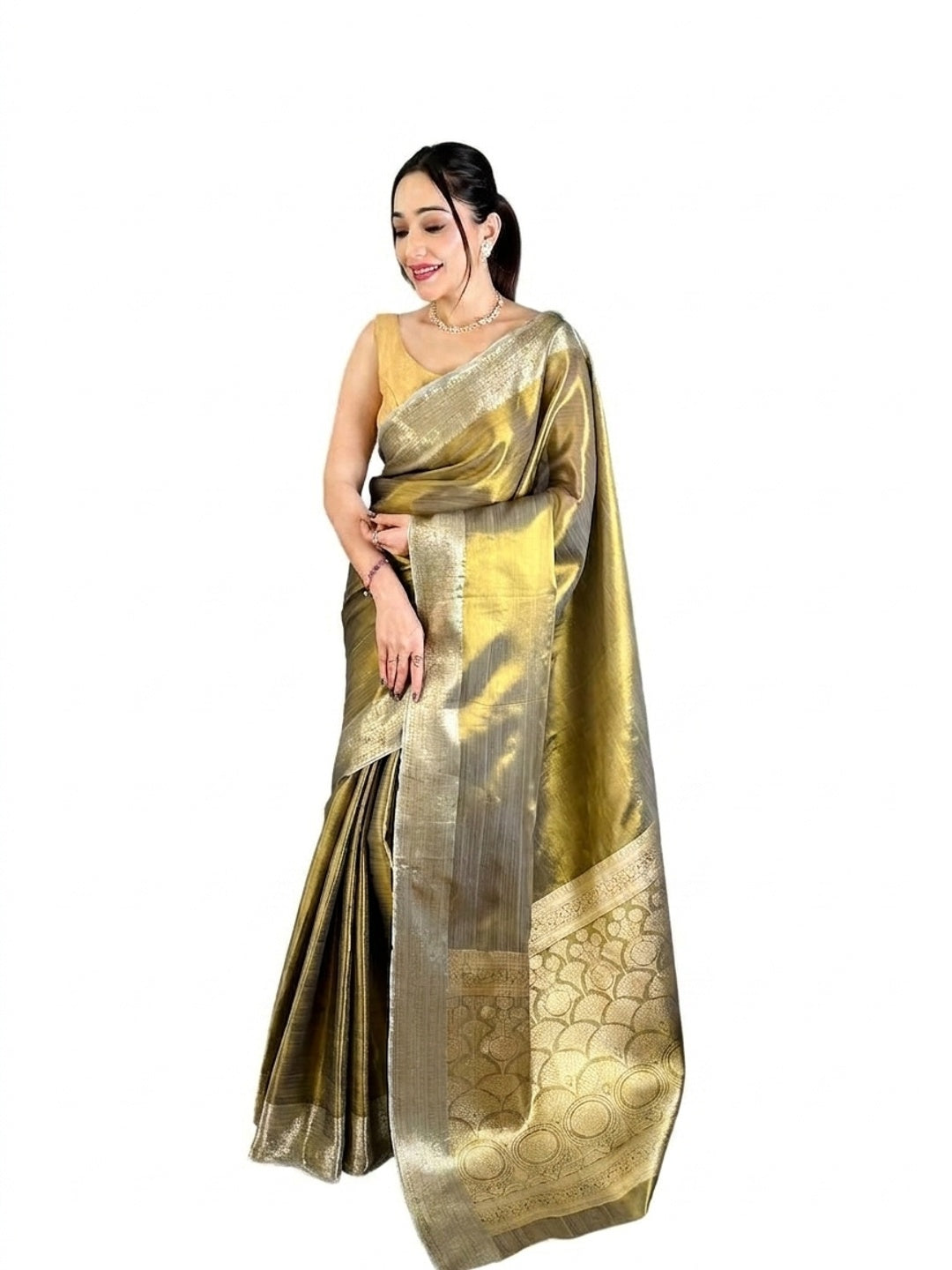Peachmode Olive Banarasi Tissue Silk Zari Saree - Image 6