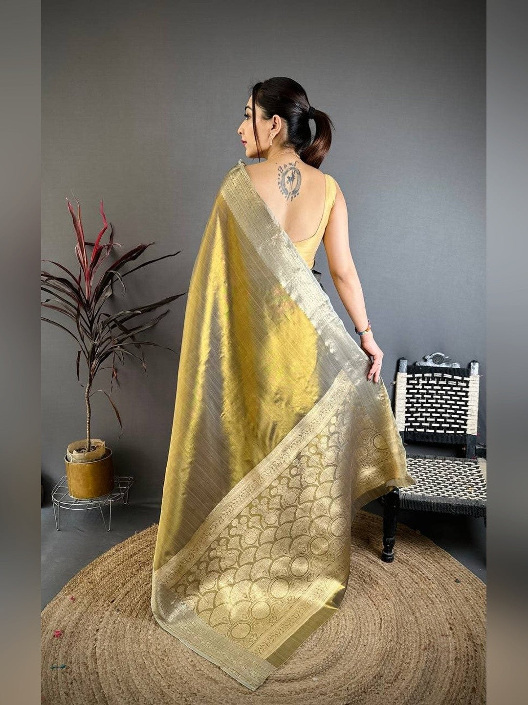 Peachmode Olive Banarasi Tissue Silk Zari Saree - Image 3