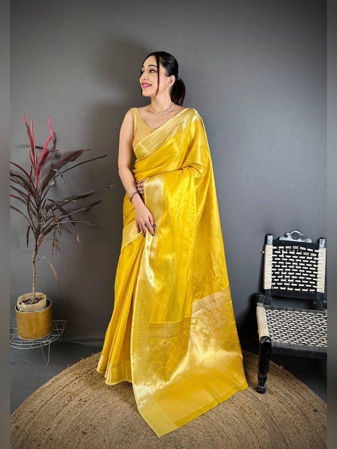 Peachmode Yellow Banarasi Tissue Silk Zari Saree - Image 1