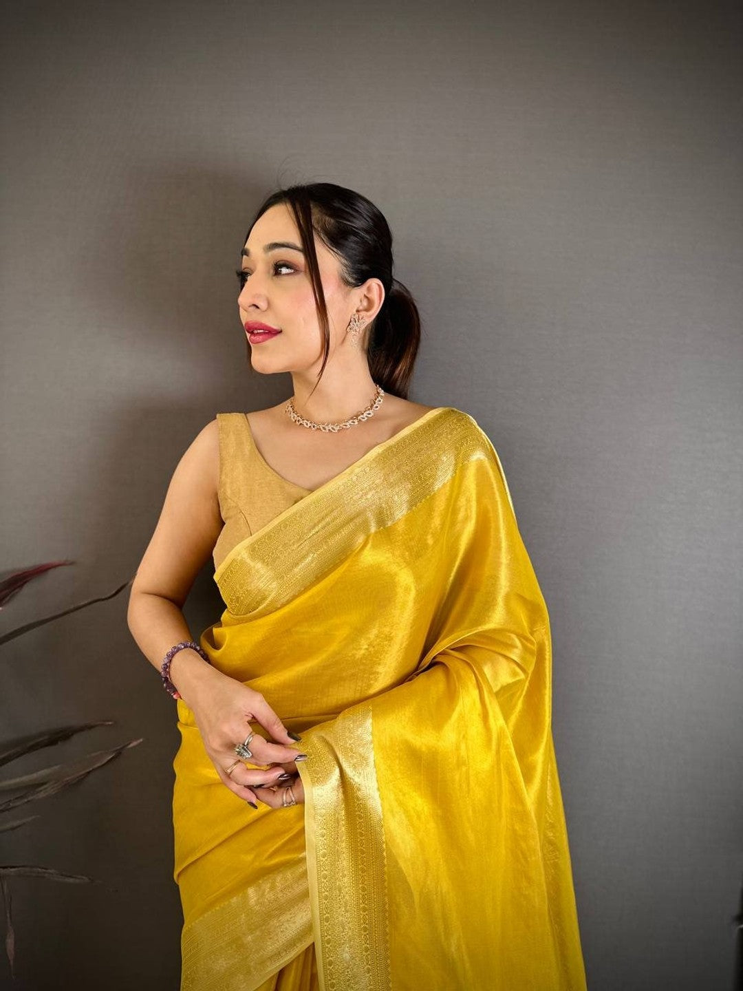 Peachmode Yellow Banarasi Tissue Silk Zari Saree - Image 3
