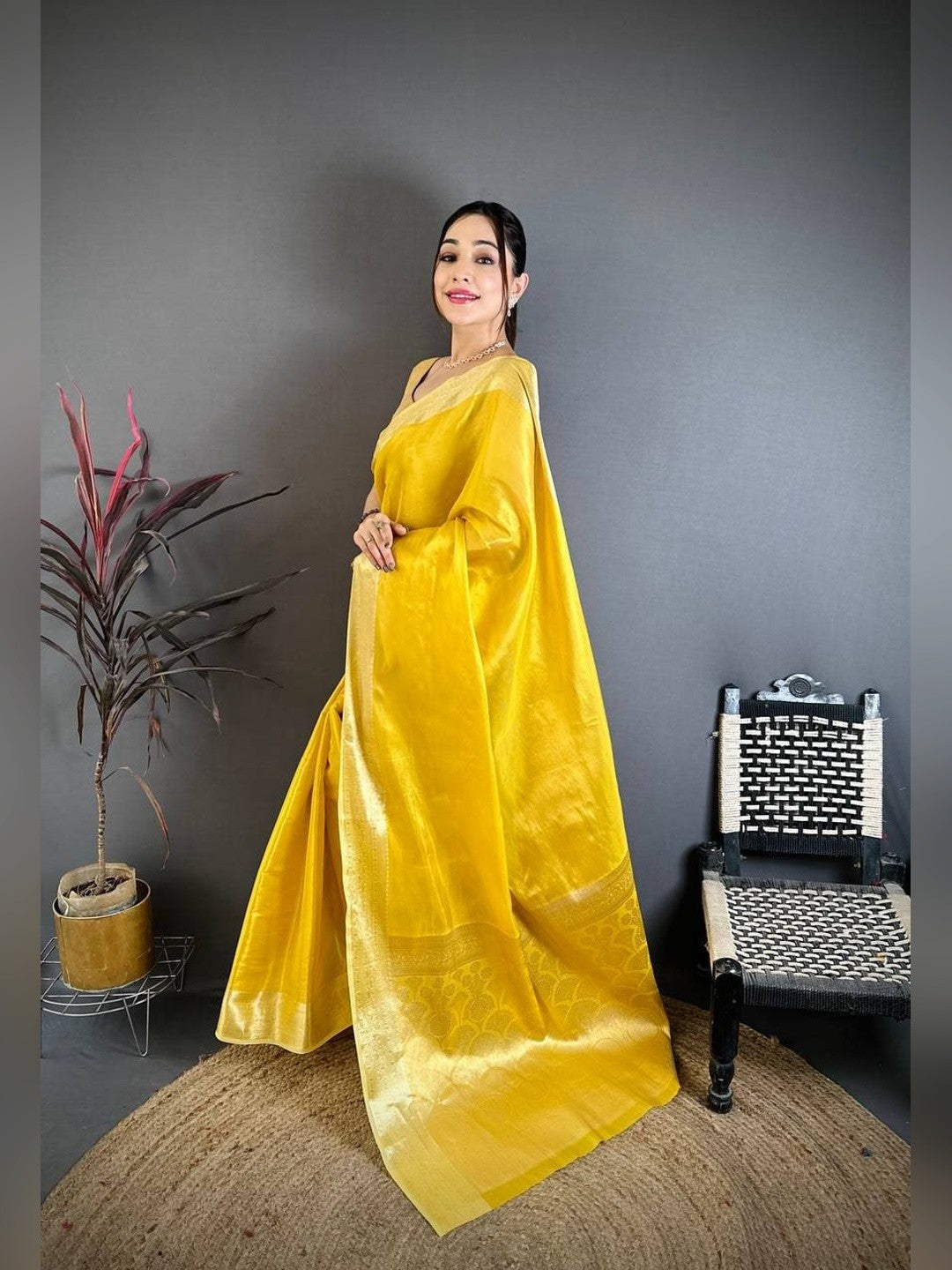Peachmode Yellow Banarasi Tissue Silk Zari Saree - Image 4