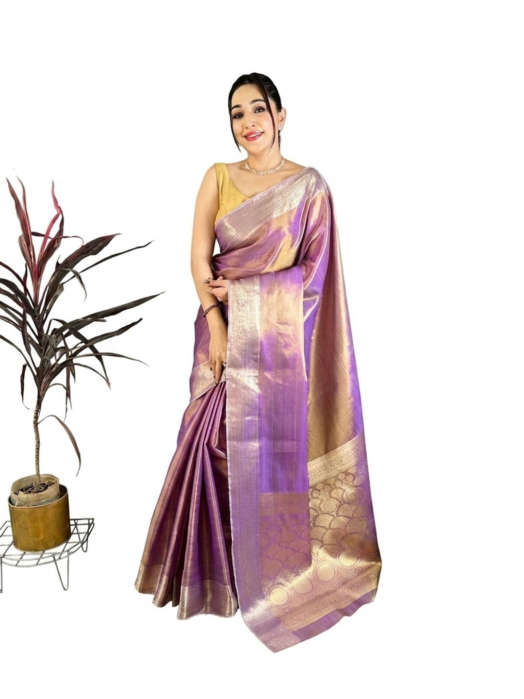 Peachmode Lavender Banarasi Tissue Silk Zari Saree - Image 6