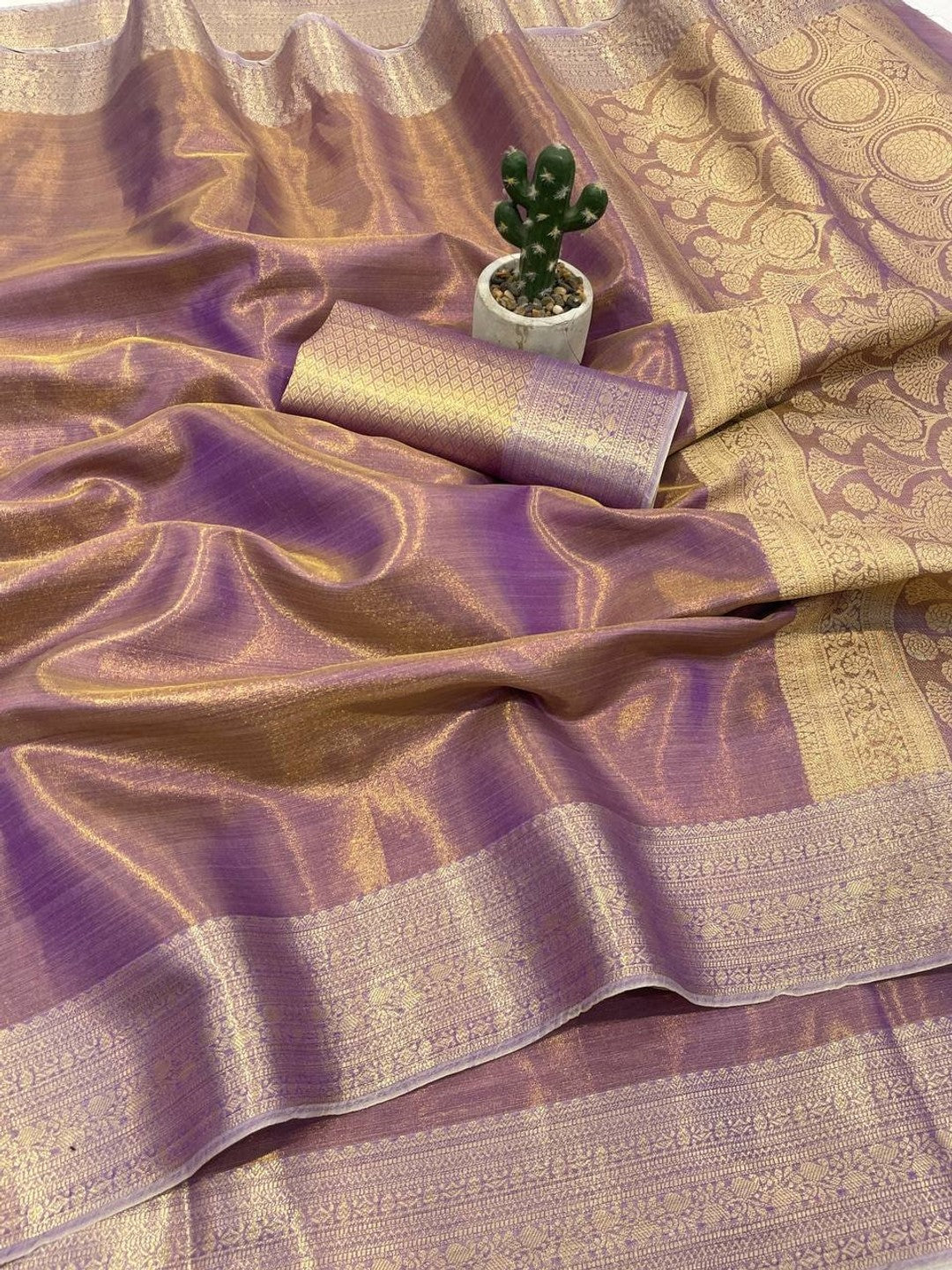 Peachmode Lavender Banarasi Tissue Silk Zari Saree - Image 2
