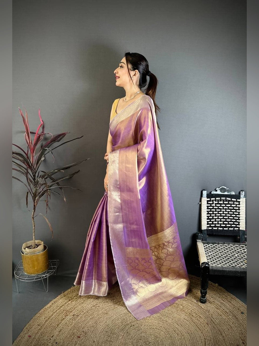 Peachmode Lavender Banarasi Tissue Silk Zari Saree - Image 3