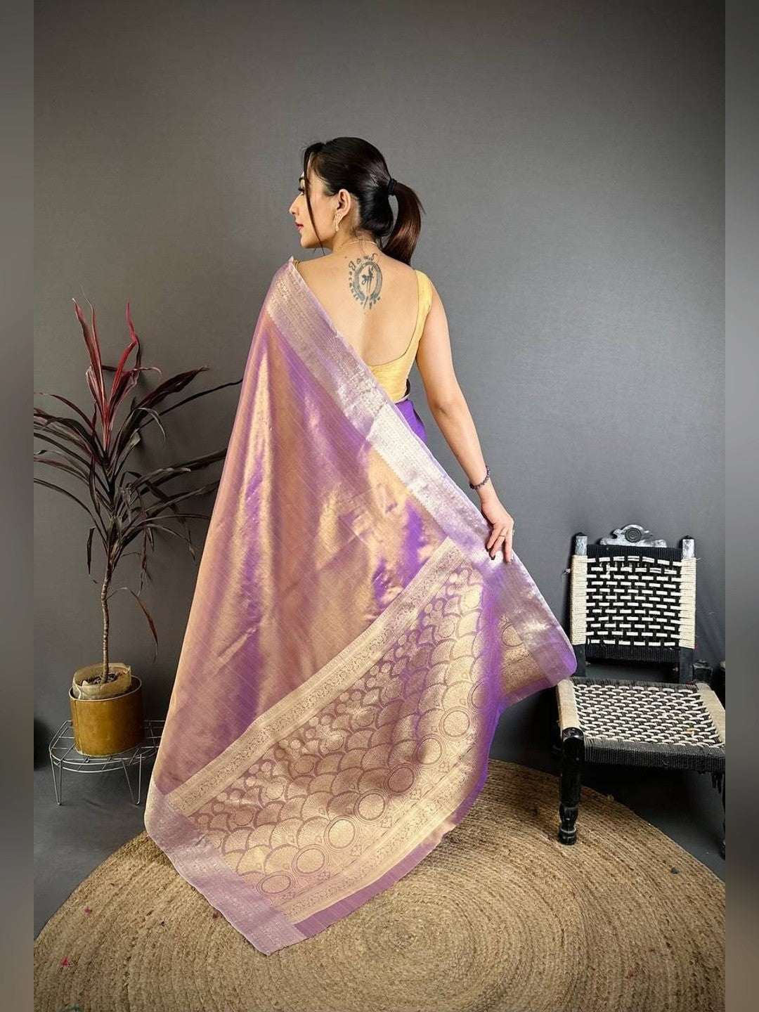 Peachmode Lavender Banarasi Tissue Silk Zari Saree - Image 5