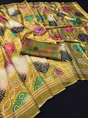 Peachmode Mustard Fendi Printed Satin Saree - Image 2