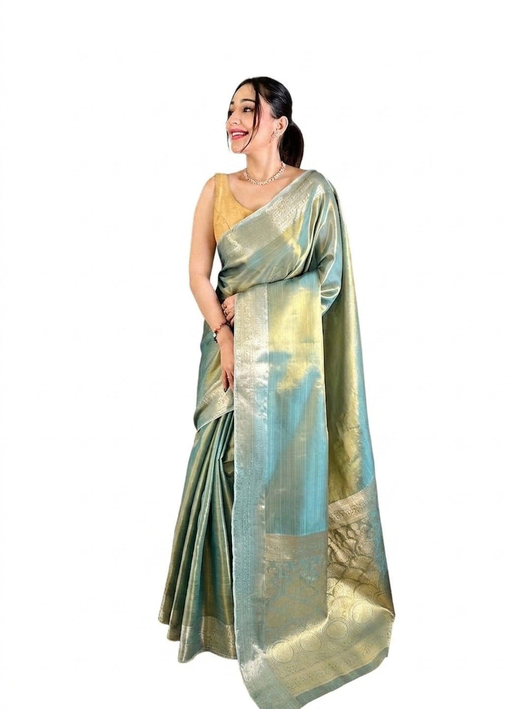 Peachmode Sea Green Banarasi Tissue Silk Zari Saree - Image 6