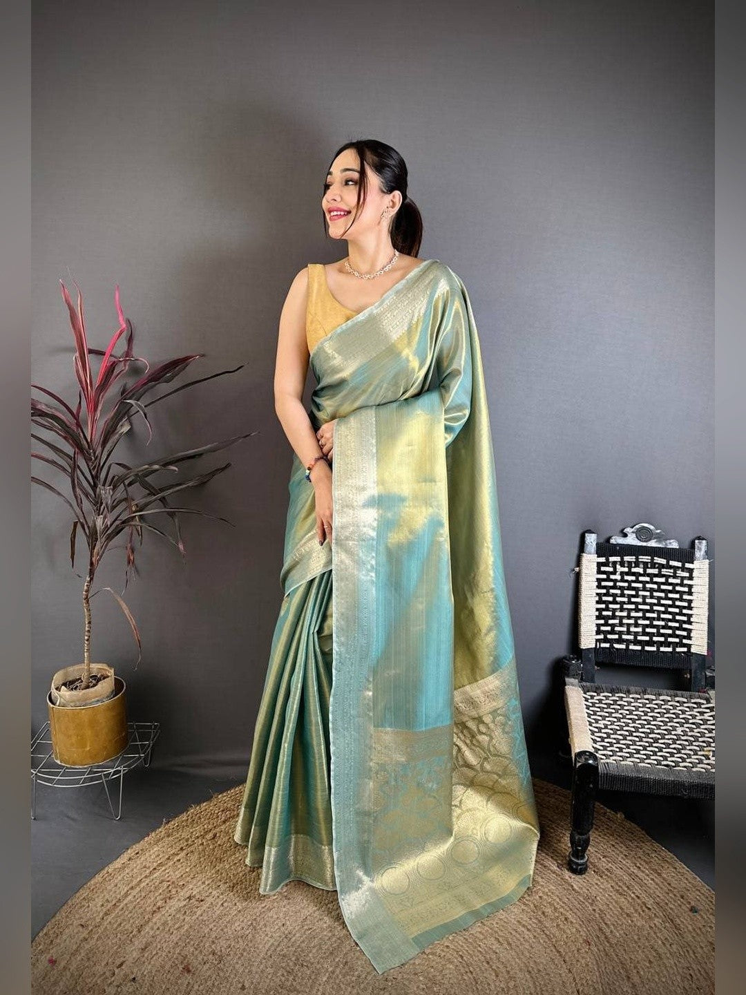 Peachmode Sea Green Banarasi Tissue Silk Zari Saree - Image 1