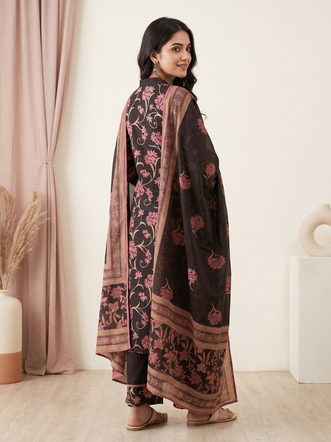 Brown Cotton Floral Printed Salwar Suit Set - Image 3