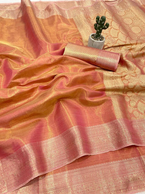 Peachmode Peach Banarasi Tissue Silk Zari Saree - Image 2