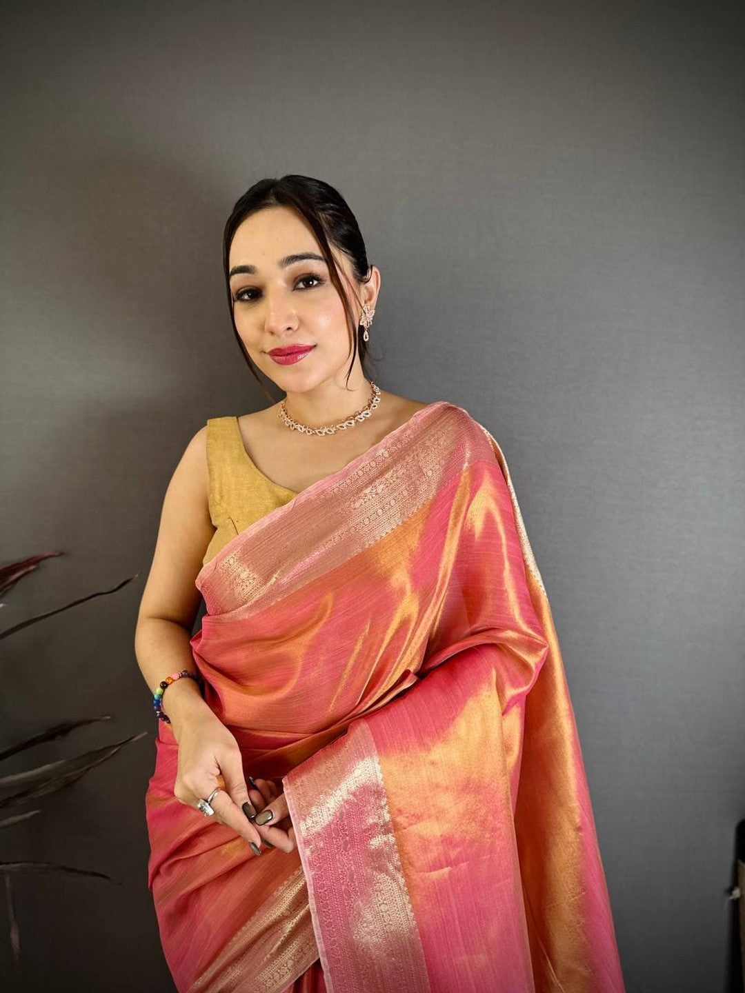 Peachmode Peach Banarasi Tissue Silk Zari Saree - Image 3