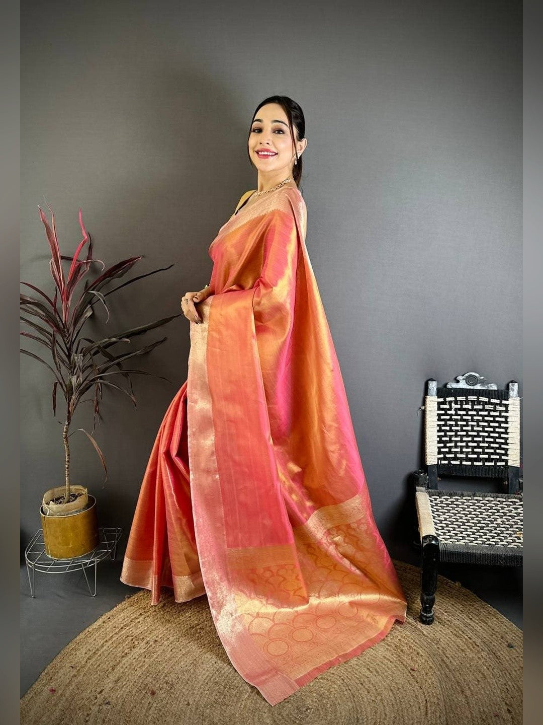 Peachmode Peach Banarasi Tissue Silk Zari Saree - Image 4