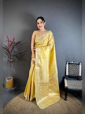 Peachmode Cream Banarasi Tissue Silk Zari Saree - Image 1