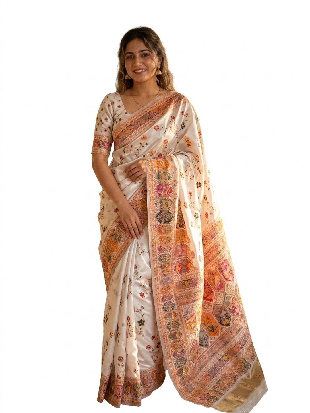 Peachmode Cream Rajwadi Pashmina Silk Woven Saree - Image 6