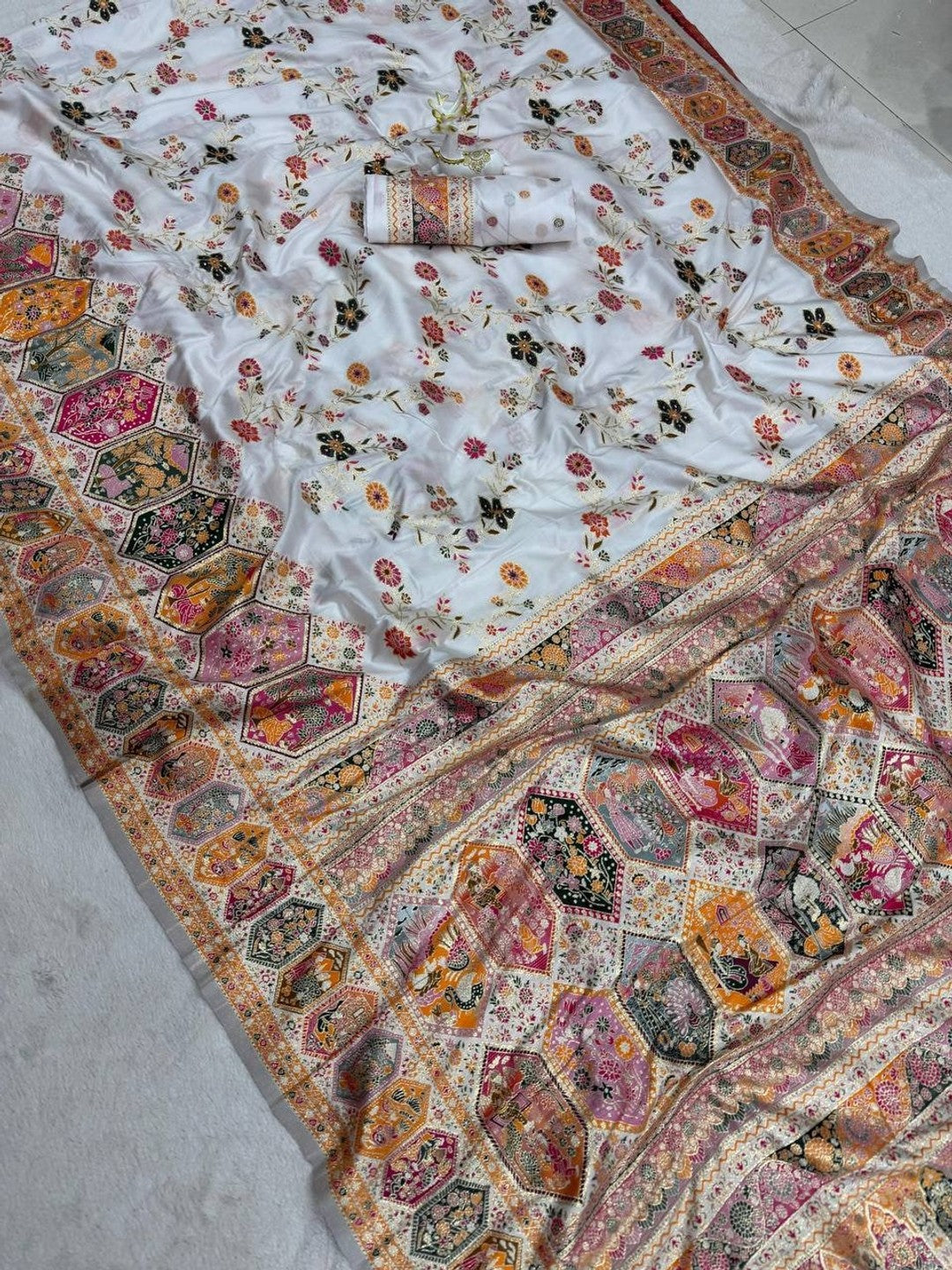 Peachmode Cream Rajwadi Pashmina Silk Woven Saree - Image 5