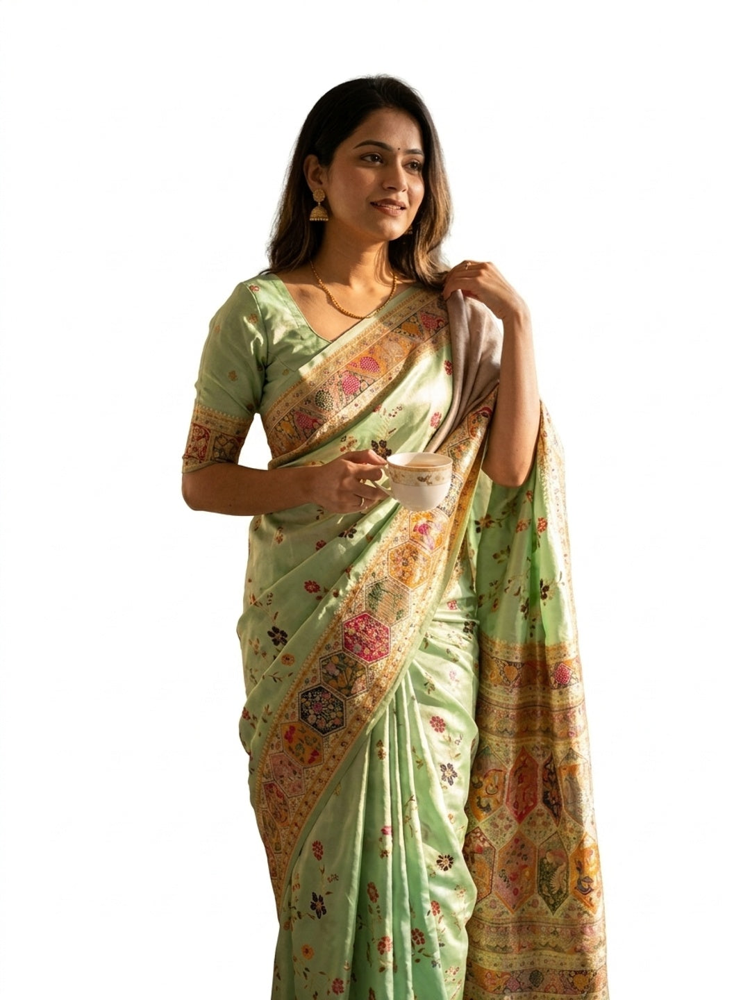 Peachmode Green Rajwadi Pashmina Silk Woven Saree - Image 6