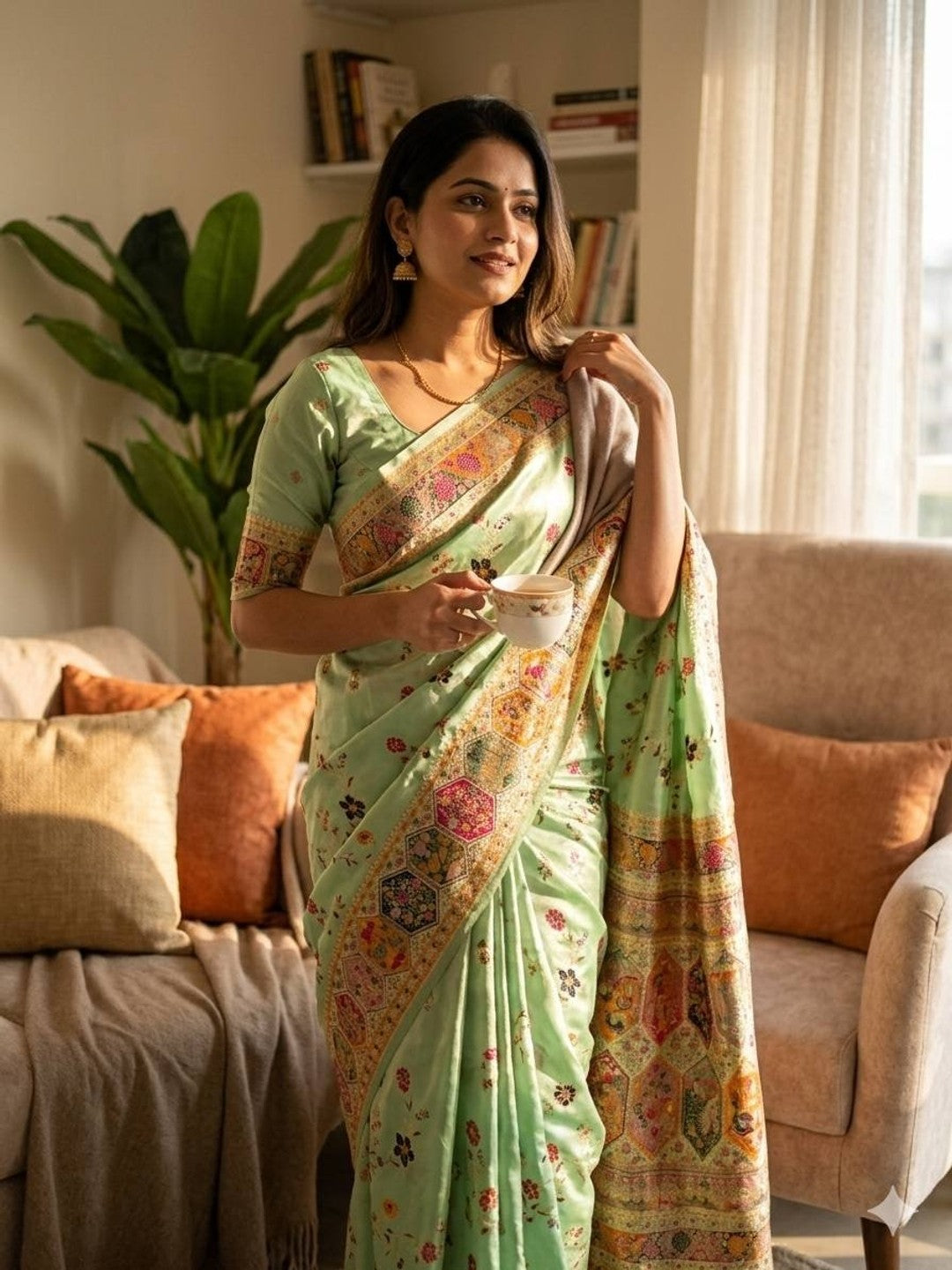 Peachmode Green Rajwadi Pashmina Silk Woven Saree - Image 1