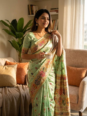 Peachmode Green Rajwadi Pashmina Silk Woven Saree - Image 1