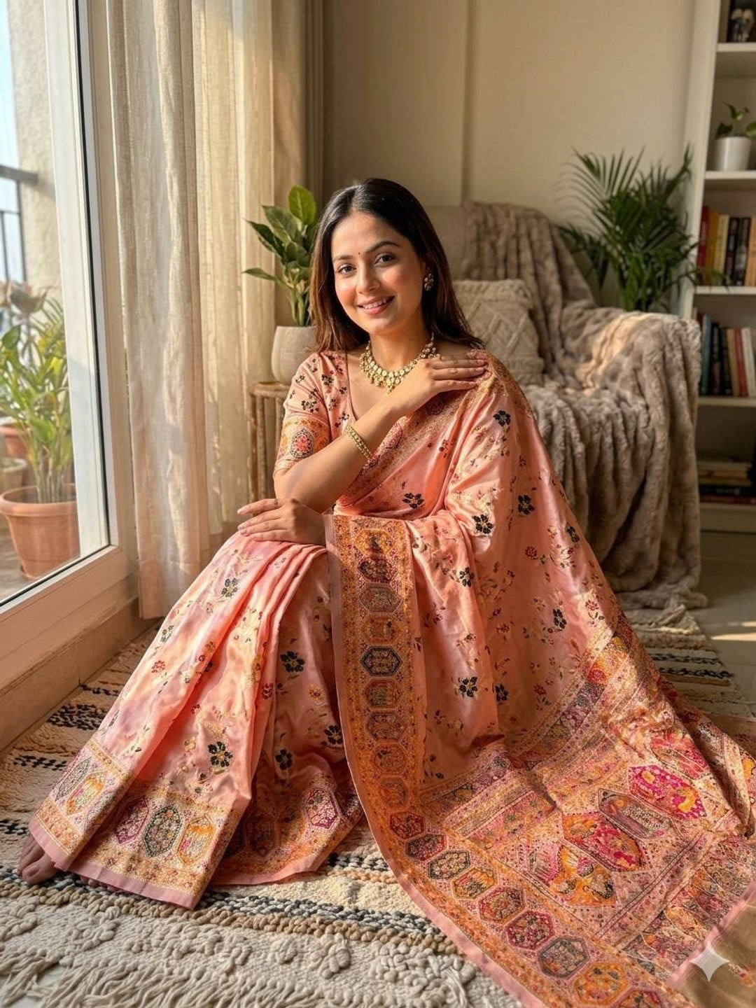 Peachmode Peach Rajwadi Pashmina Silk Woven Saree - Image 1