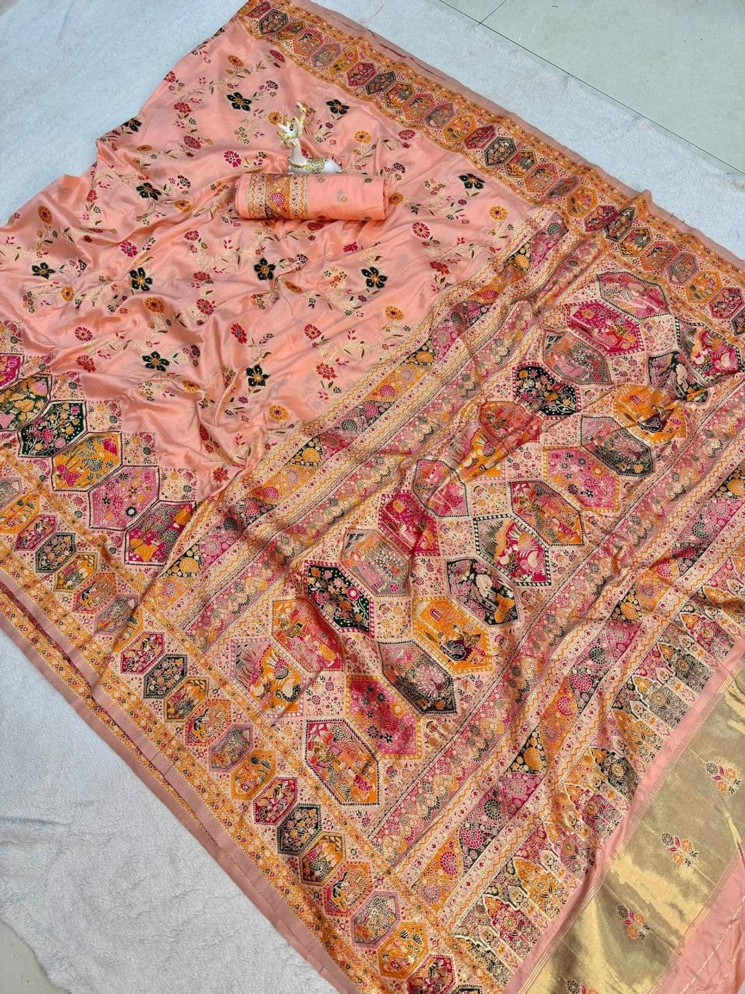 Peachmode Peach Rajwadi Pashmina Silk Woven Saree - Image 4