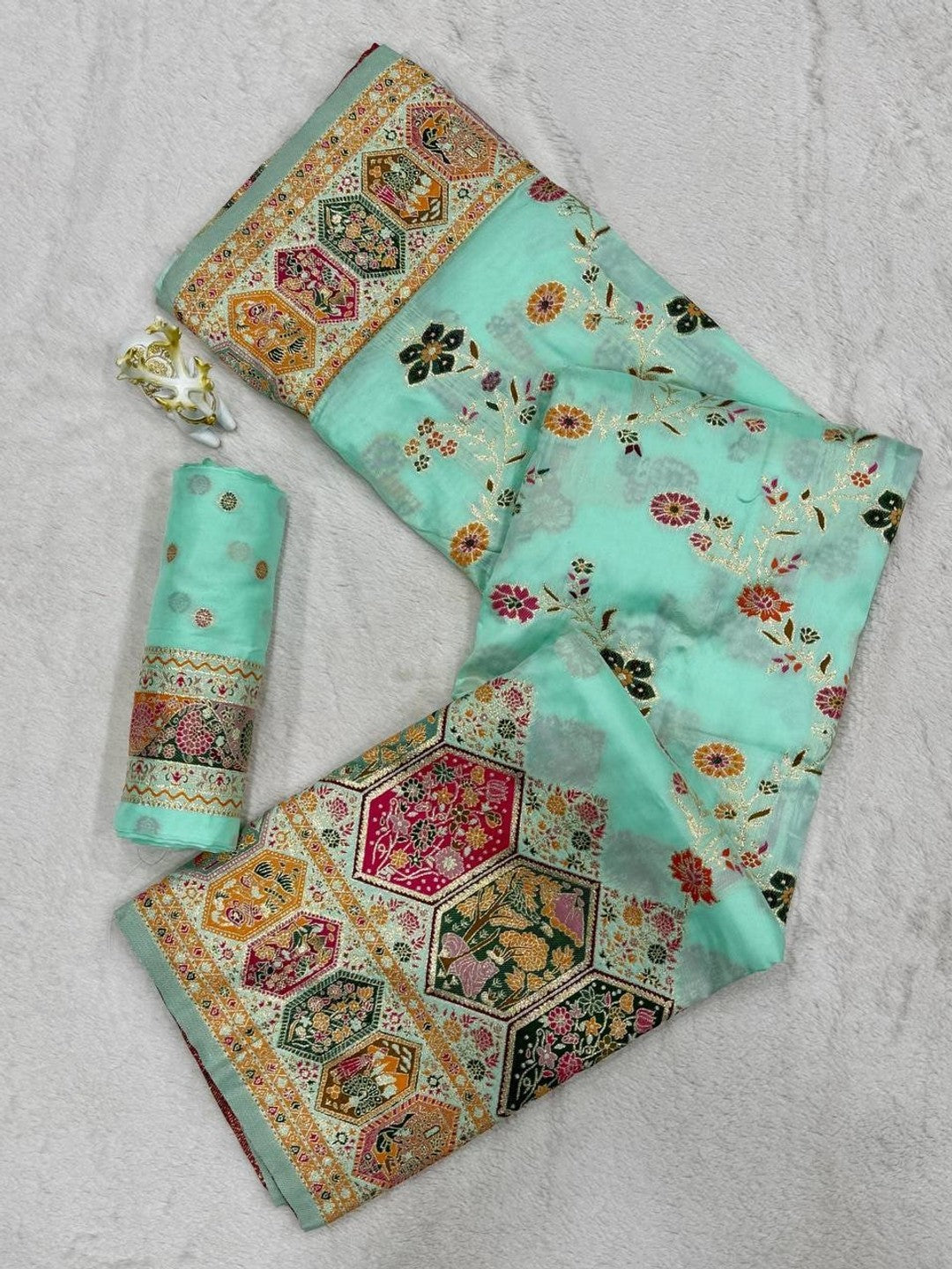 Peachmode Turquoise Rajwadi Pashmina Silk Woven Saree - Image 2