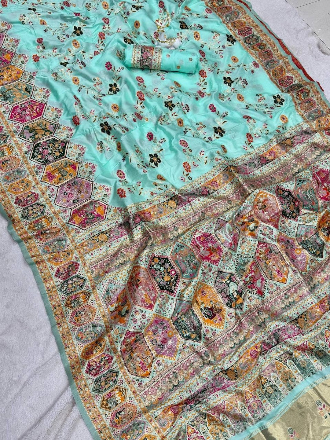 Peachmode Turquoise Rajwadi Pashmina Silk Woven Saree - Image 4