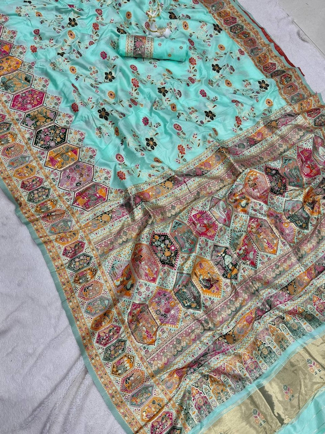 Peachmode Turquoise Rajwadi Pashmina Silk Woven Saree - Image 5