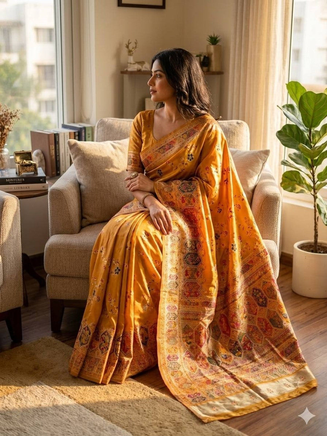 Peachmode Yellow Rajwadi Pashmina Silk Woven Saree - Image 1