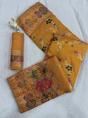 Peachmode Yellow Rajwadi Pashmina Silk Woven Saree - Image 2