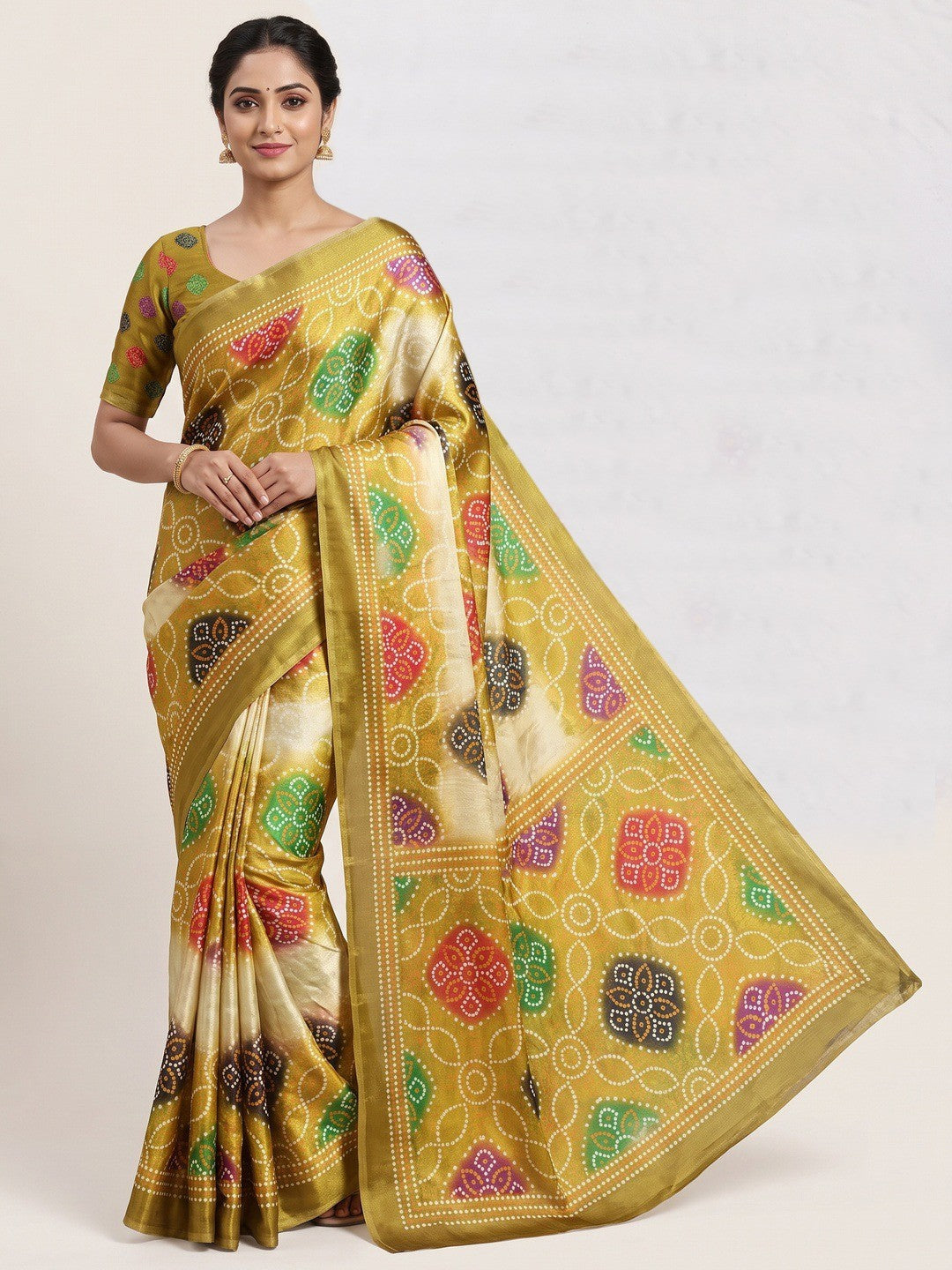 Peachmode Mustard Fendi Printed Satin Saree - Image 1
