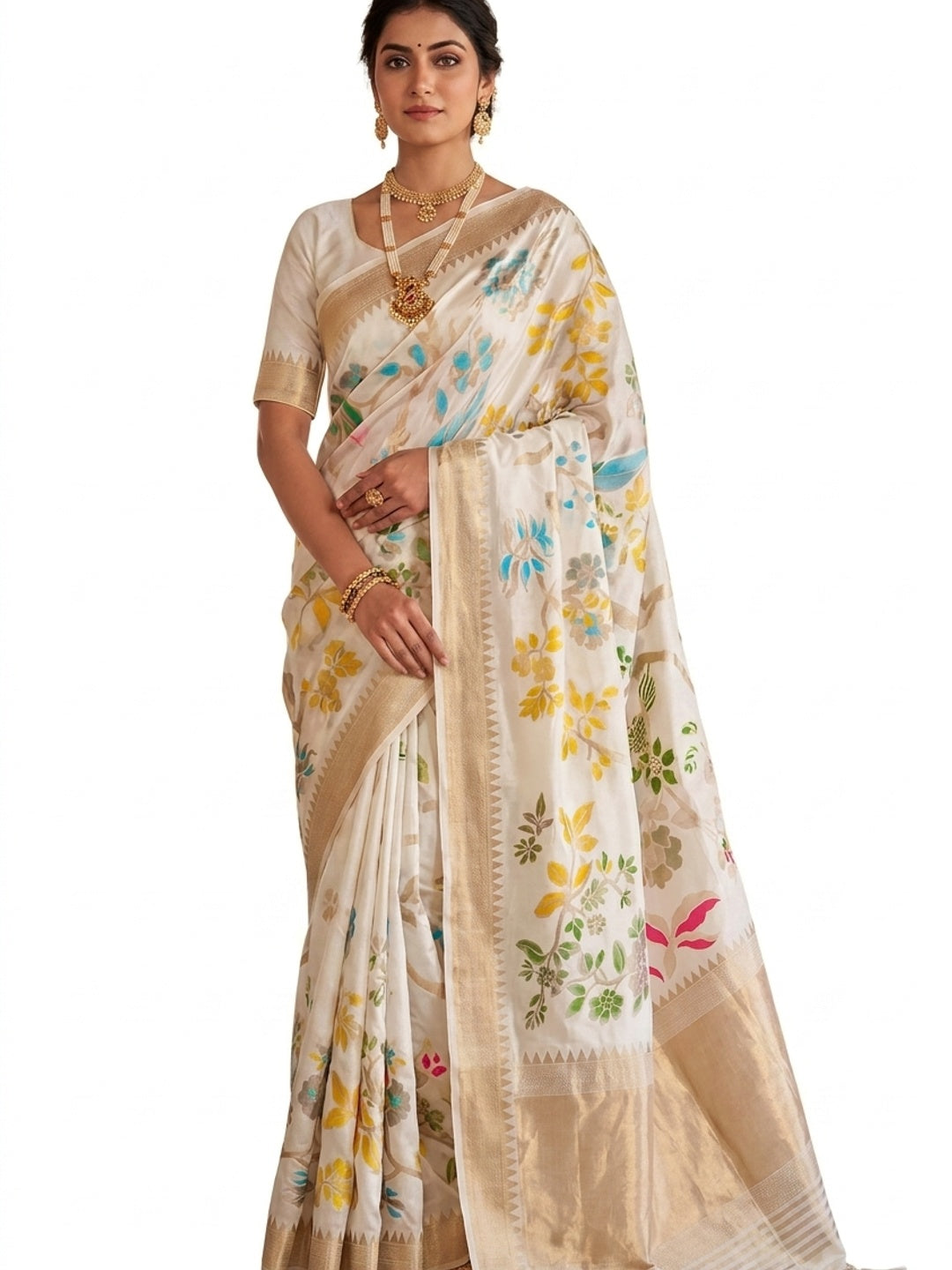 Peachmode Cream Crepe Khadi Silk Bird Motif Saree - Image 6