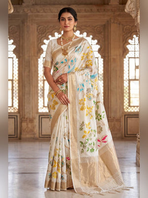 Peachmode Cream Crepe Khadi Silk Bird Motif Saree - Image 1
