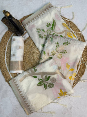 Peachmode Cream Crepe Khadi Silk Bird Motif Saree - Image 2
