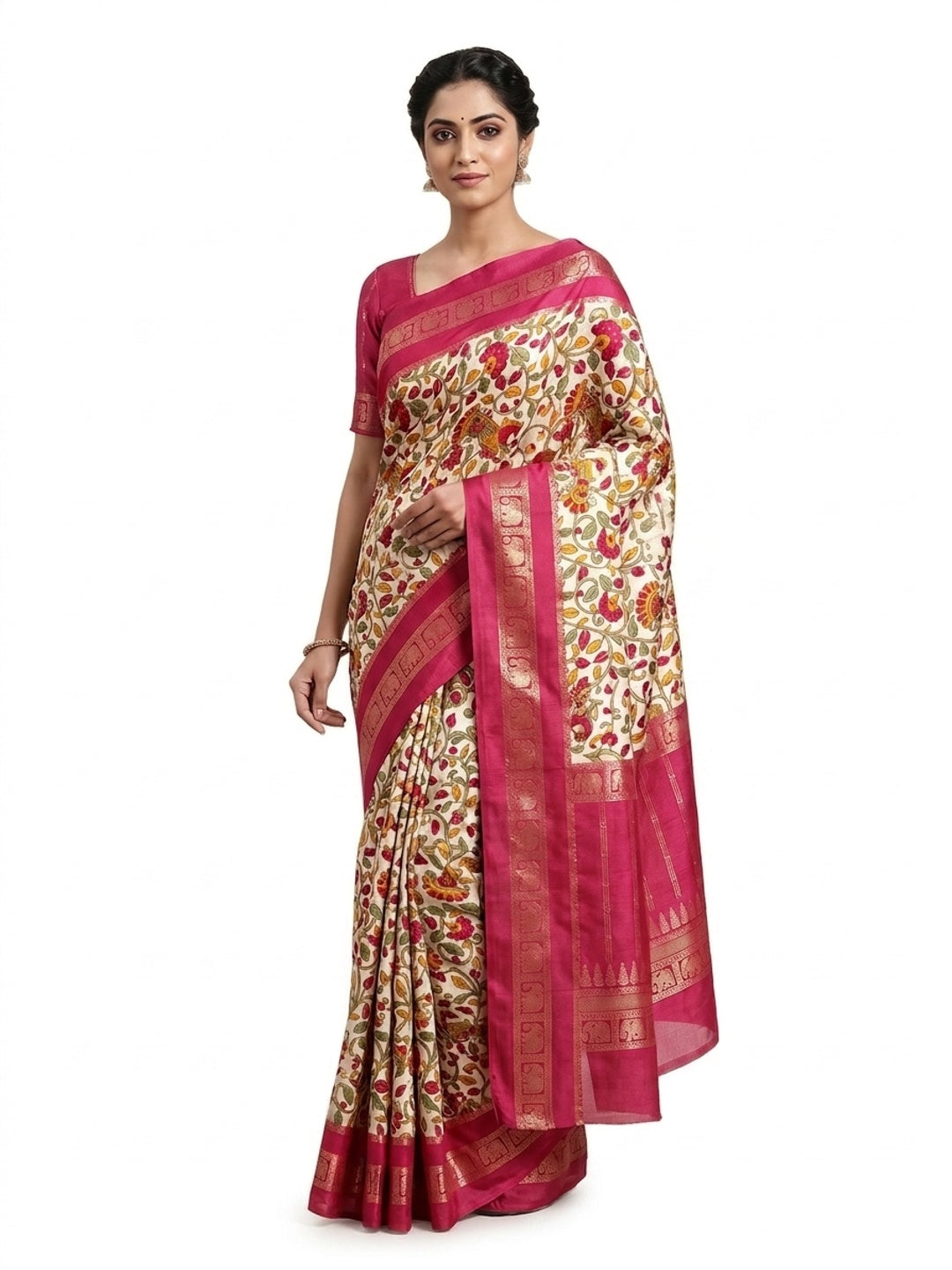 Peachmode Rani Pink Dola Silk Kalamkari Printed Saree - Image 1